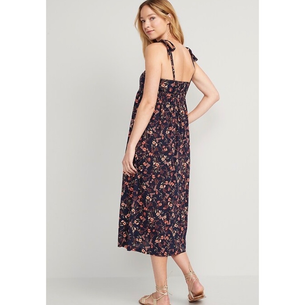 Old Navy Floral Tie Shoulder Midi Dress Navy Smocked Back Size L Boho Prairie